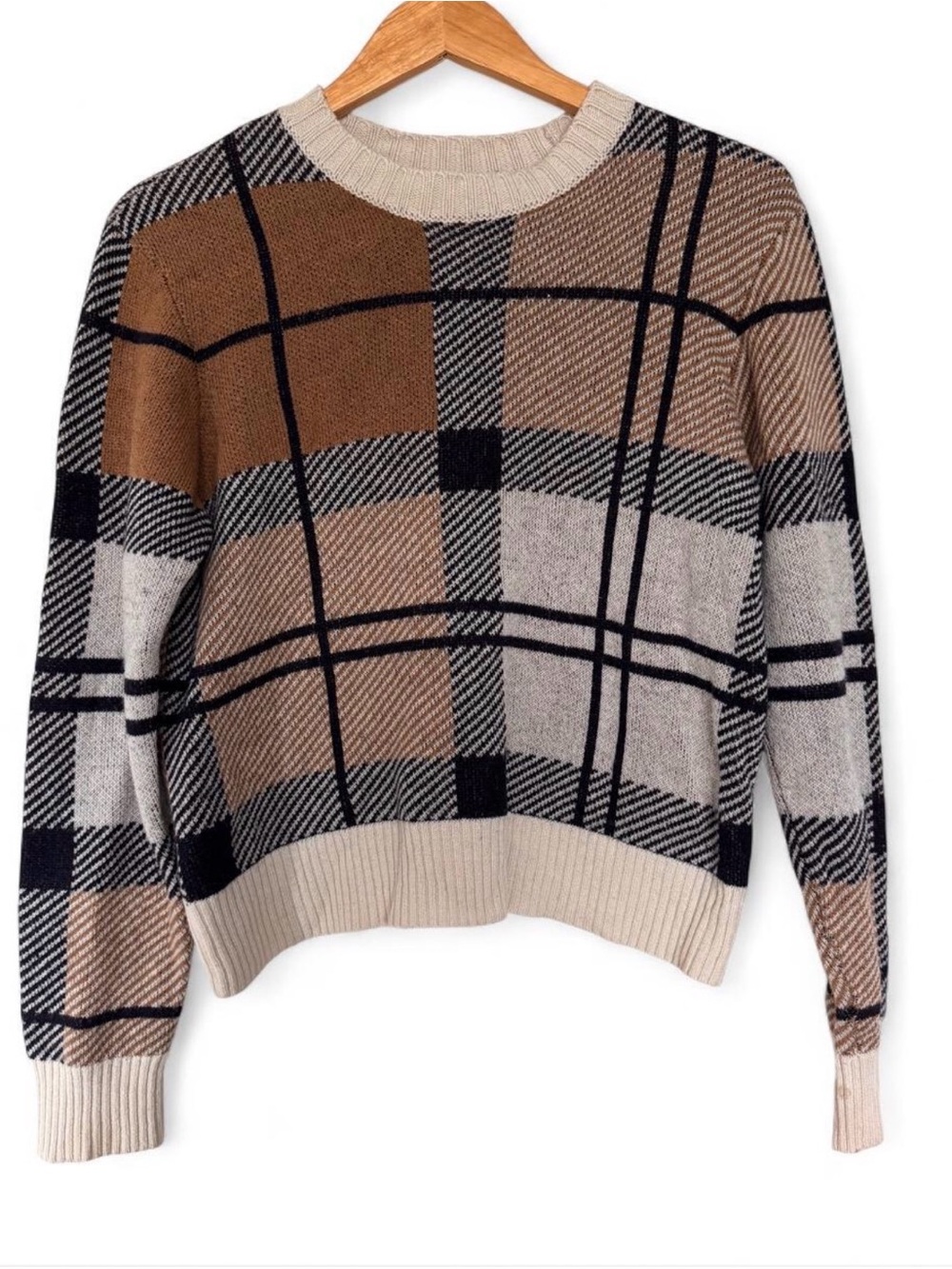 Barbour Plaid Crewneck Sweater in Beige, Brown and Black